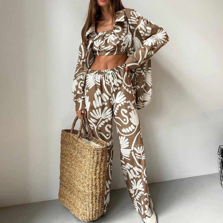 Long Sleeved Shirt Tube Top High Waist Set Brown
