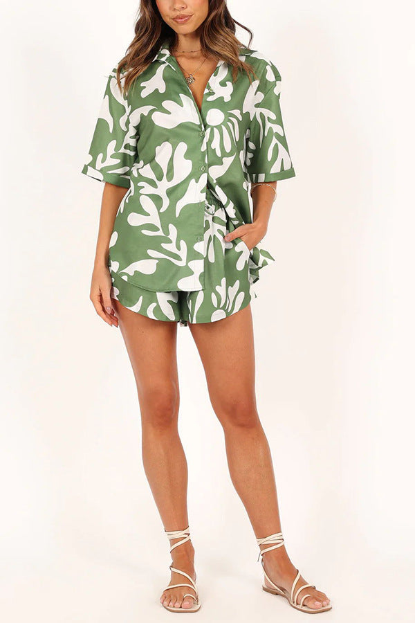 Polo Collar Printed Short Top Shorts Set