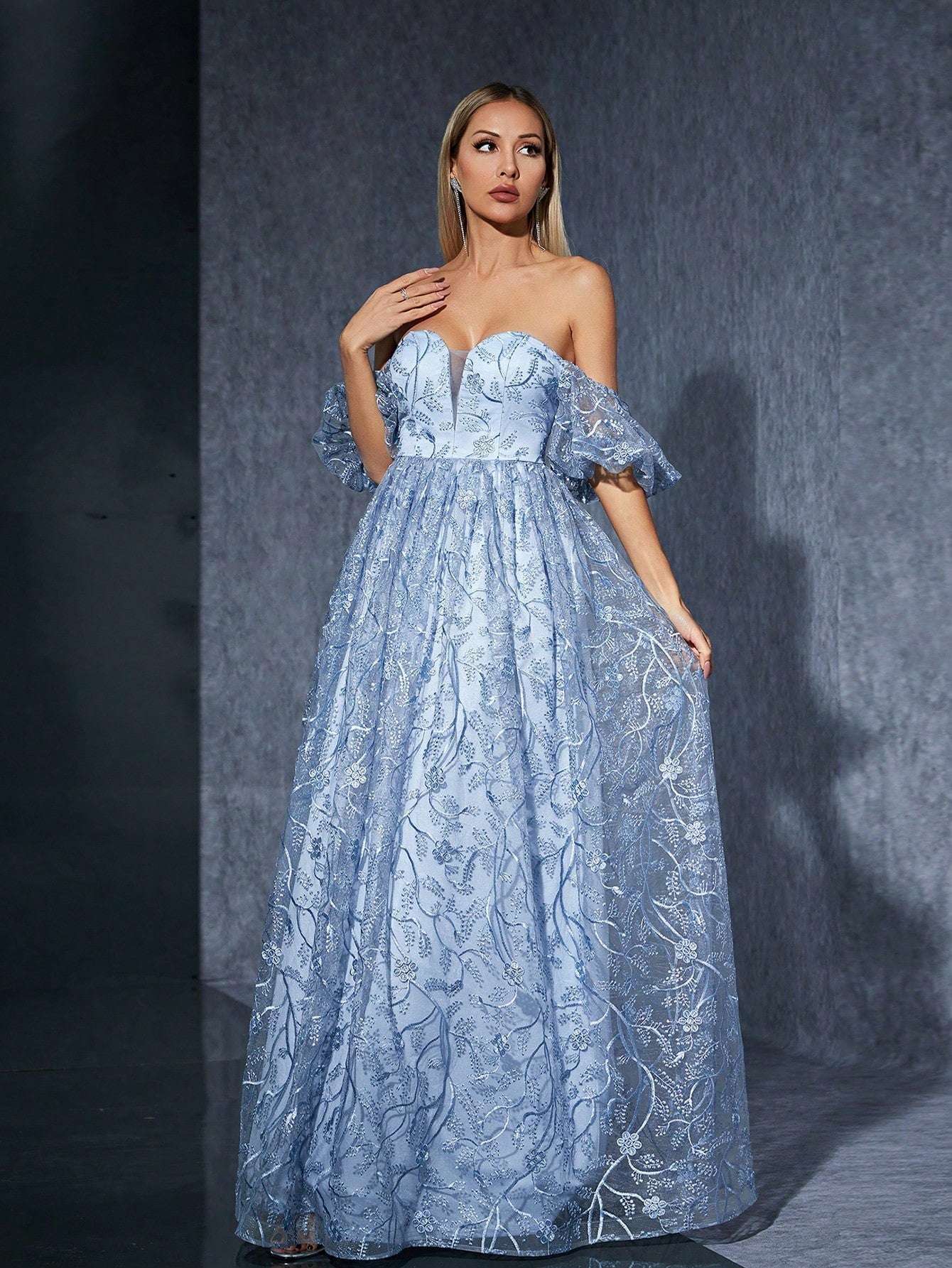Off Shoulder Mesh Embroidered Evening Dress Ball Cocktail Blue