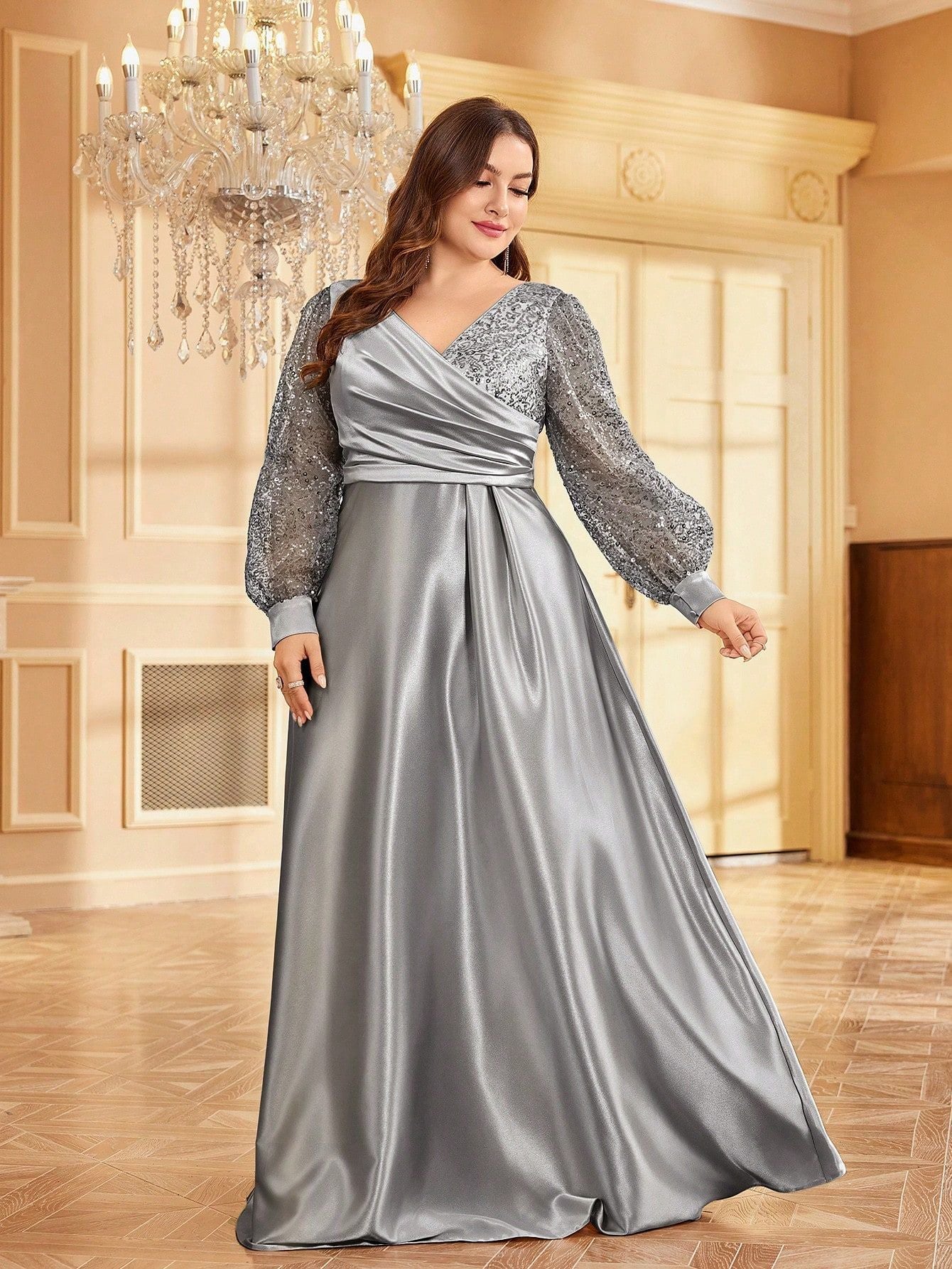 Satin V neck Long Sleeve Dress Maxi Dress Sequin Cocktail Evening Dress Women Gray