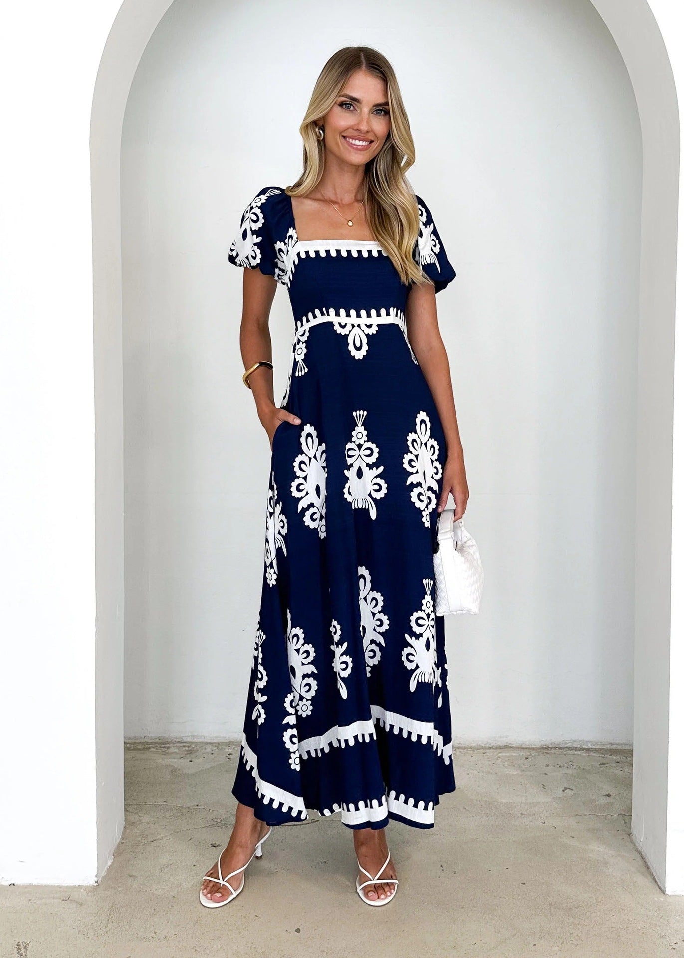 Summer Women Clothing Vacation Printed Beach Dress Smocking Dress Women Navy Blue