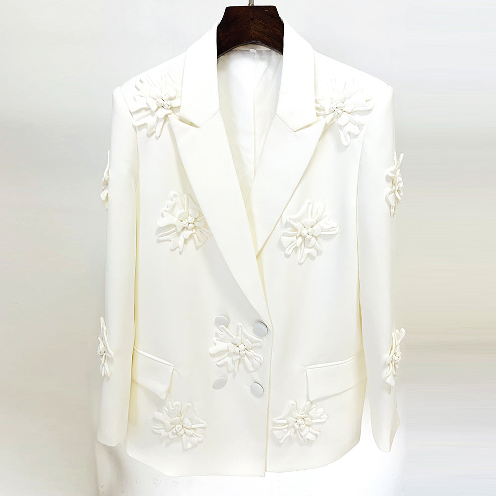 Double Breasted Heavy Industry Three-Dimensional Floral Decorative 3D Rose Blazer White