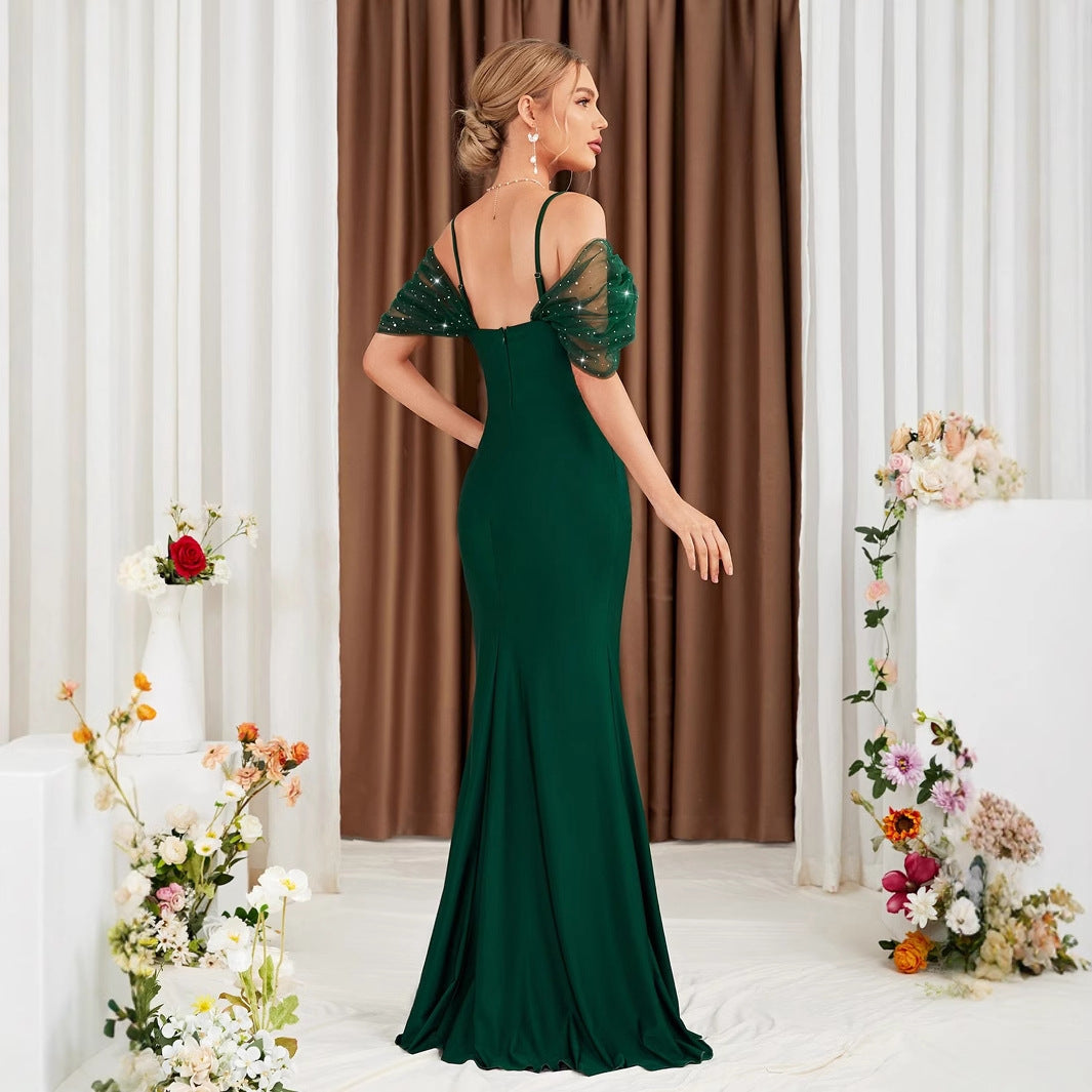 Off Shoulder Spaghetti Straps Evening Dress Slit Gown
