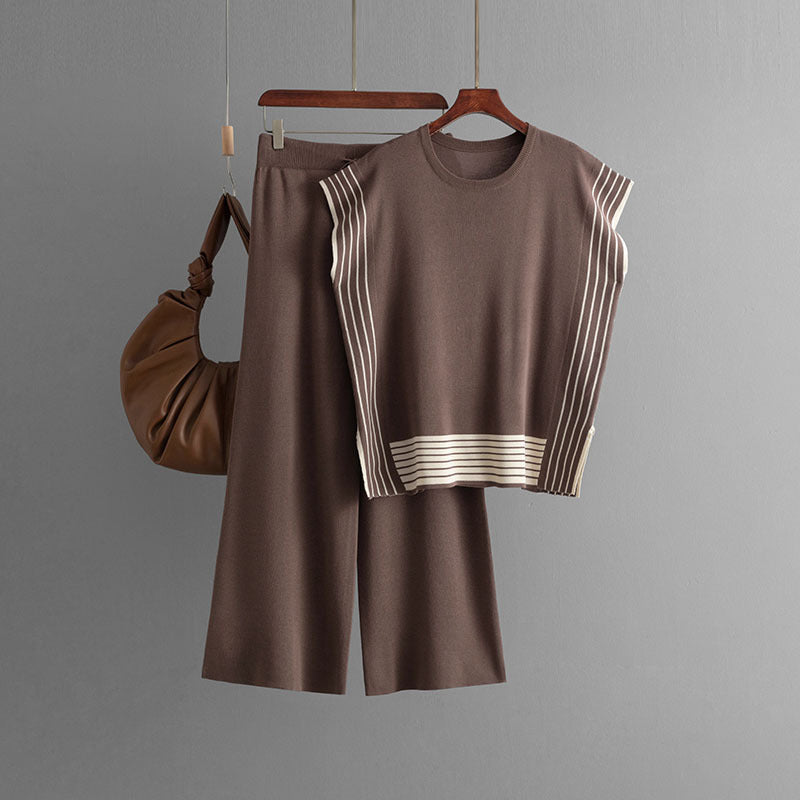 Round Neck Loose Two Piece Knitted Set One Size Coffee
