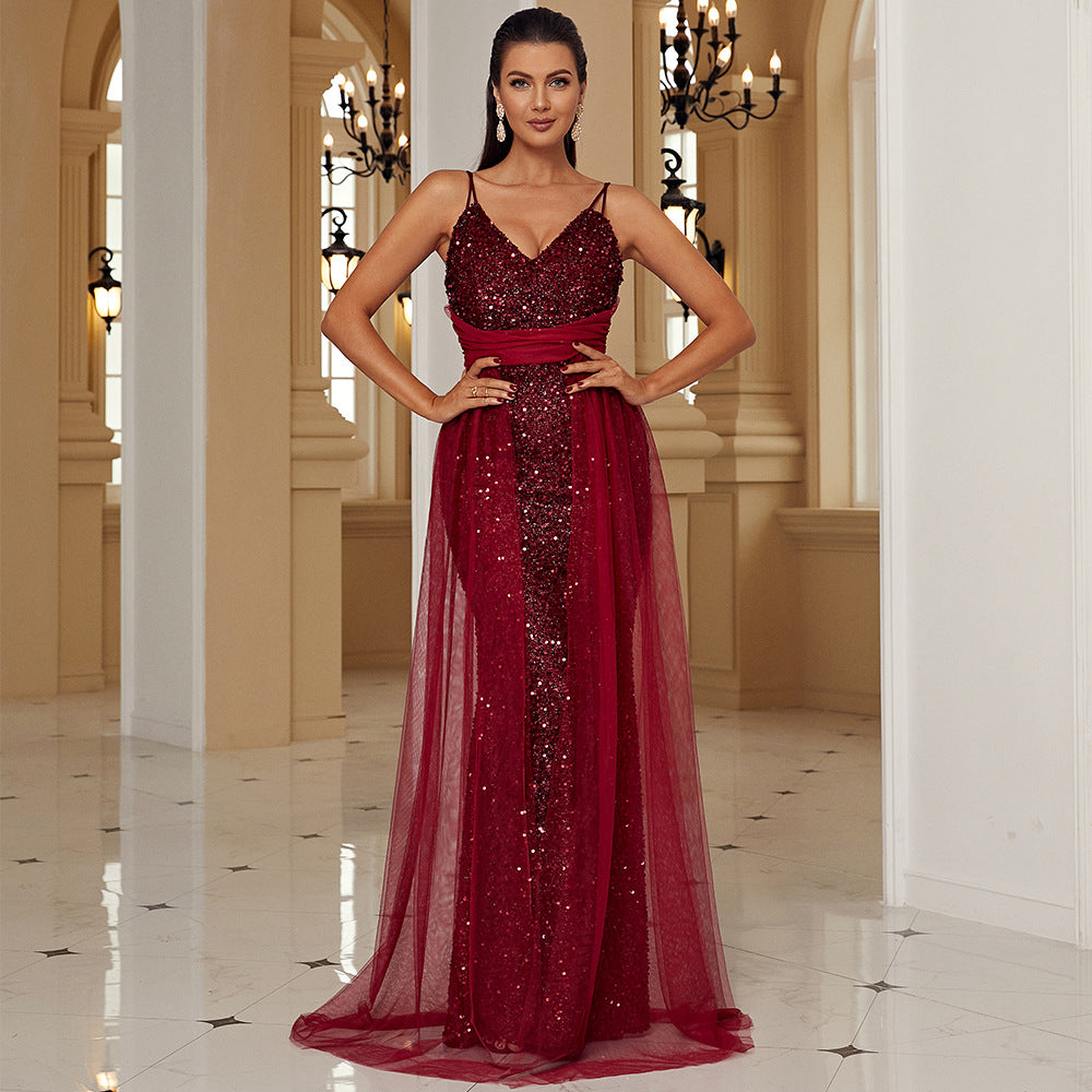 Sleeveless Elegant Sexy Long Sequined Gown Red