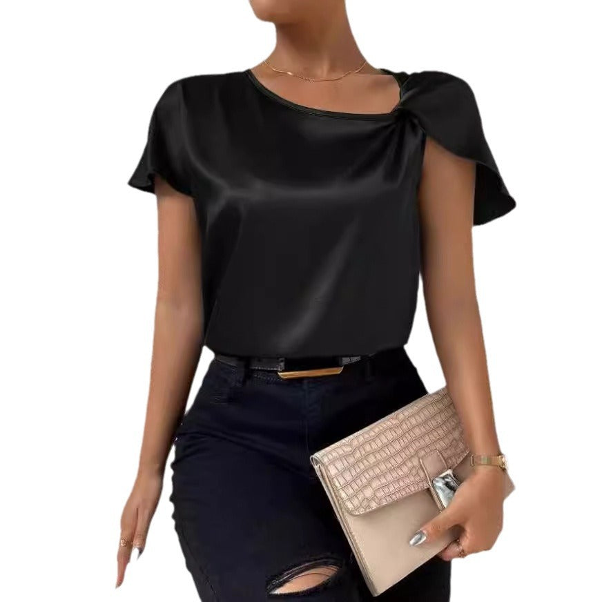 Short Sleeve Satin Twisted Solid Color Loose Fitting Top Women Black