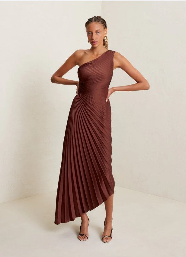 One Shoulder Sun Pleated Satin Dress Coffee