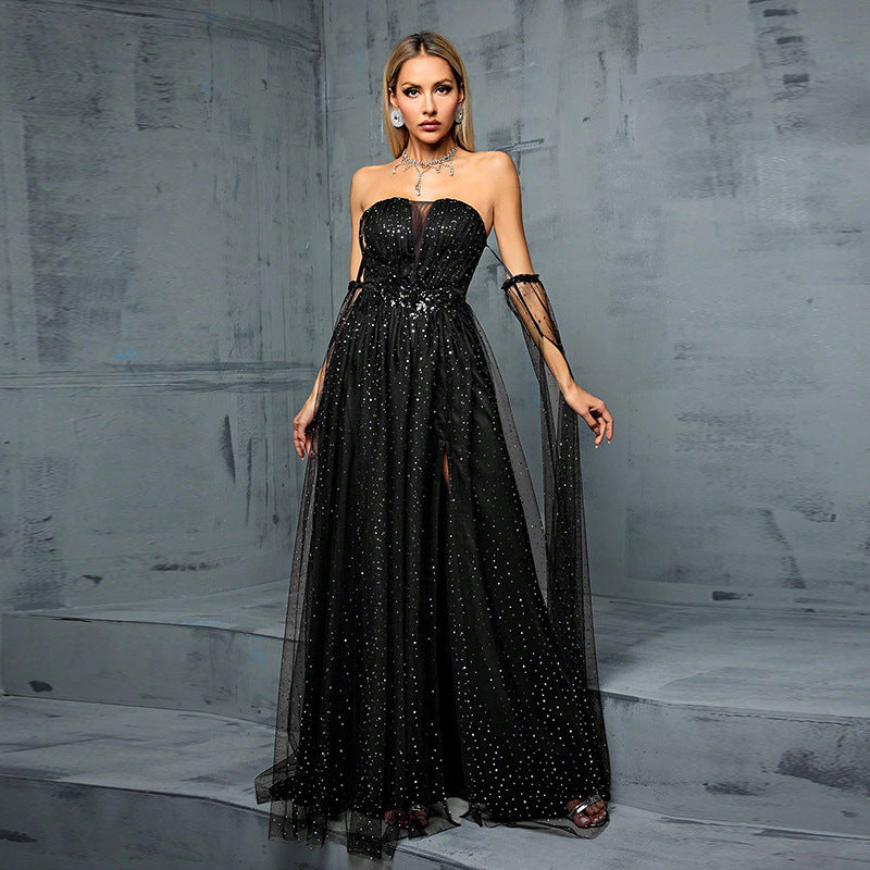 Sequined Strapless Formal Gown Black