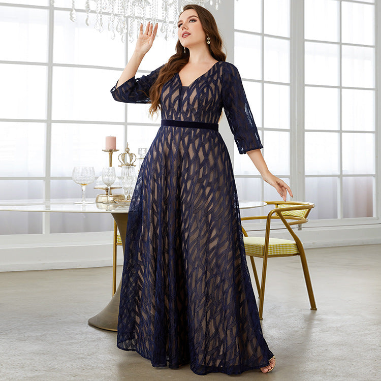 Evening Dress plus Size V neck Lace Embroidered Mid Long Sleeve Formal Occasion Navy Blue