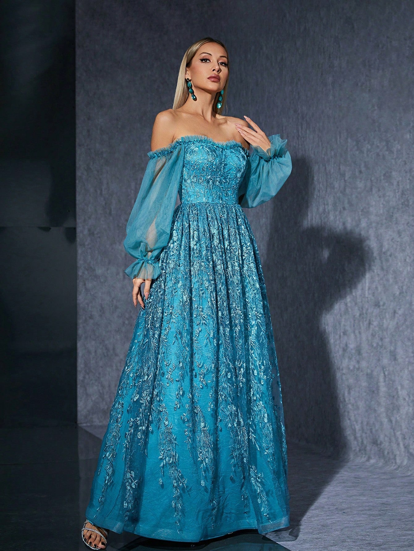 Off Shoulder Bubble Sleeve Evening Dress Blue