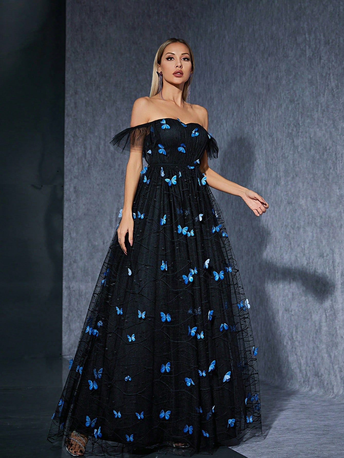 Black off Shoulder Dress Butterfly Embroidered Mesh Cocktail Party Evening Dress Black