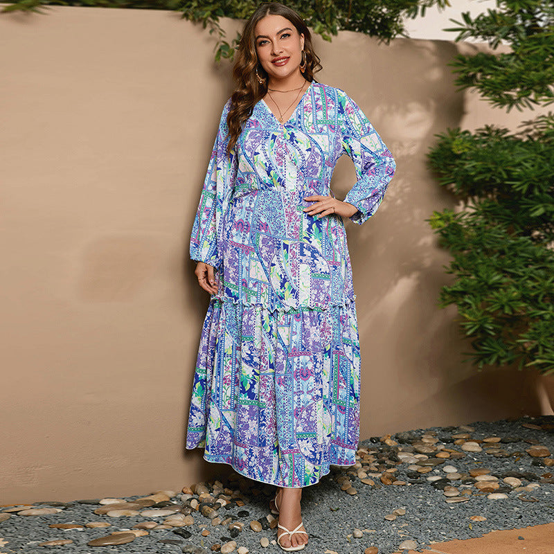 Plus Size Dress Printed V neck Long Sleeve Floral Dress