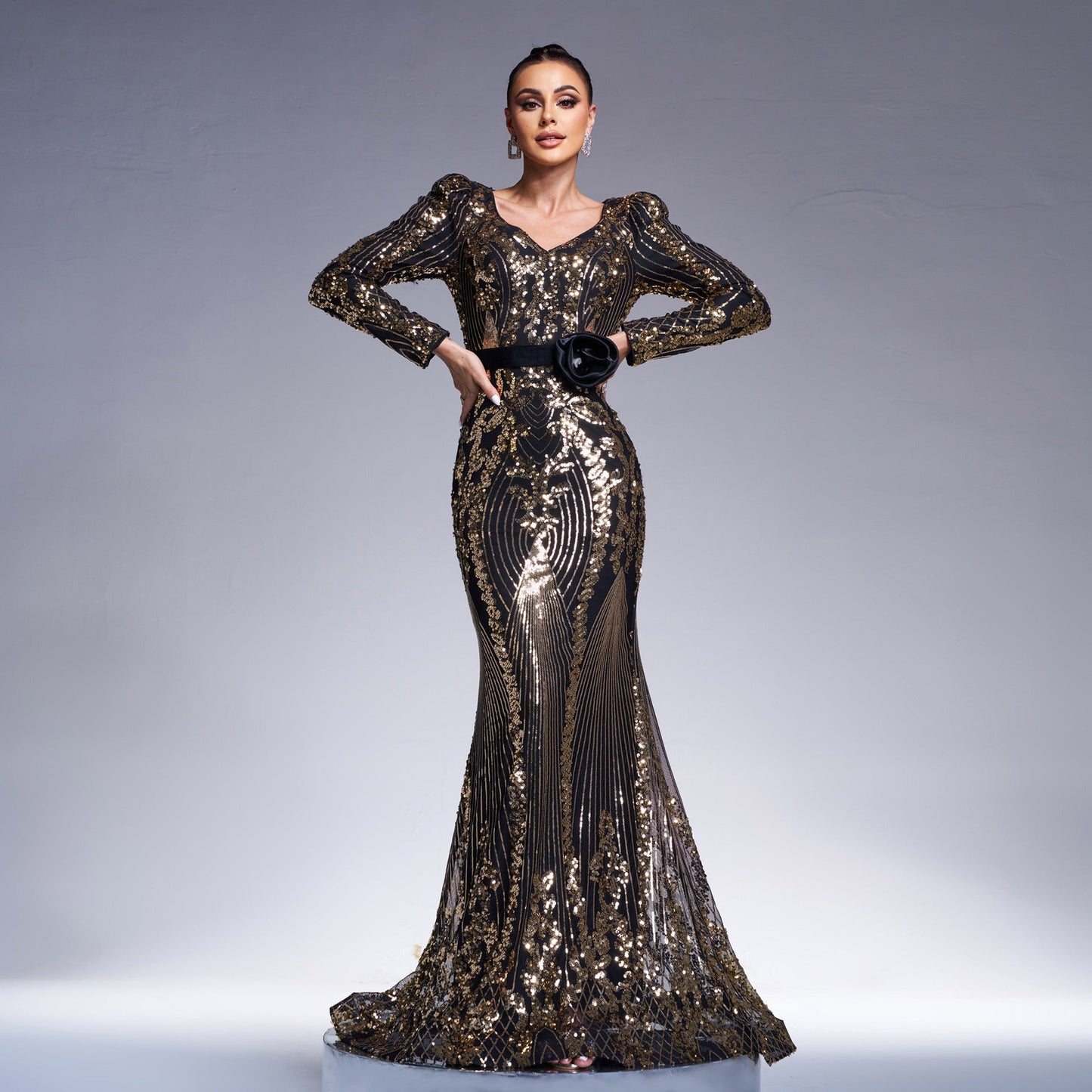 Long Sleeved Formal Dress Cocktail Sequined Black