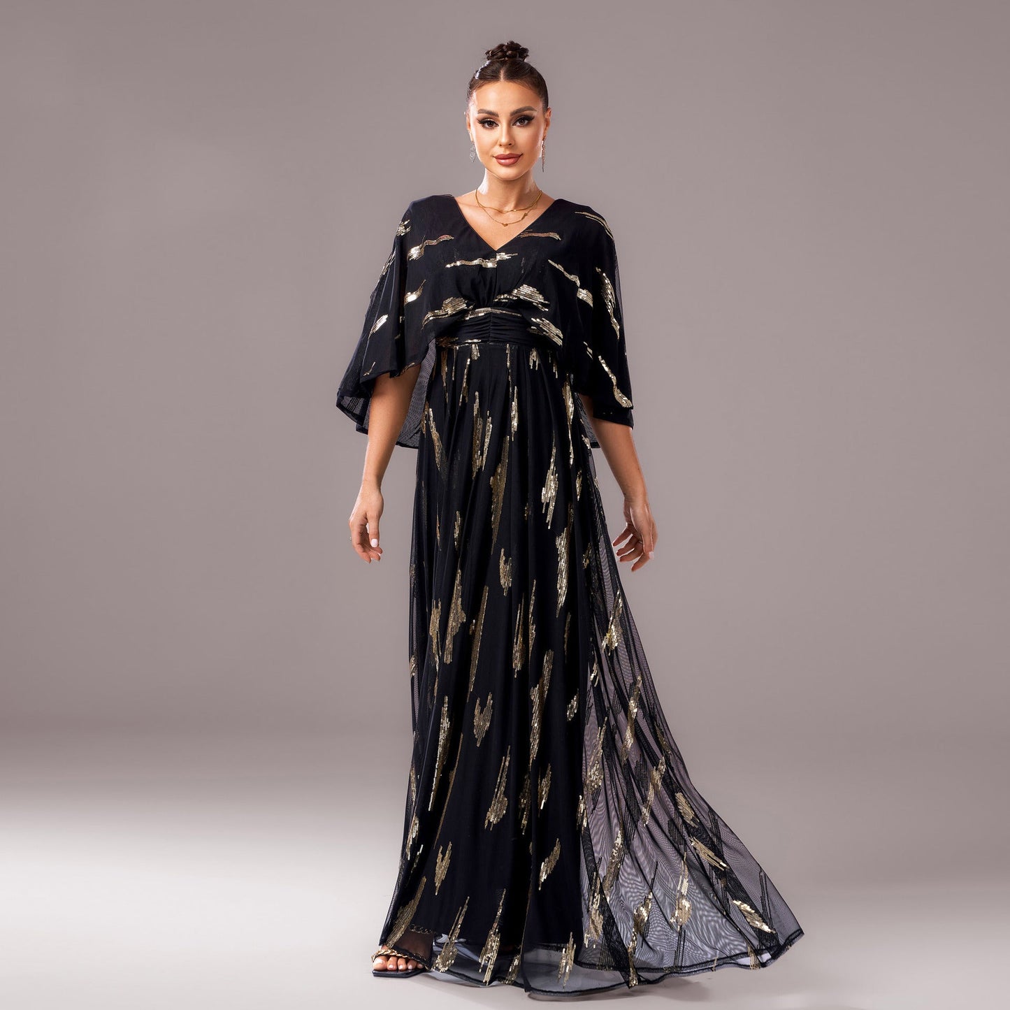 Elegant V neck Half Sleeves Evening Dress Bridesmaid Dress Black