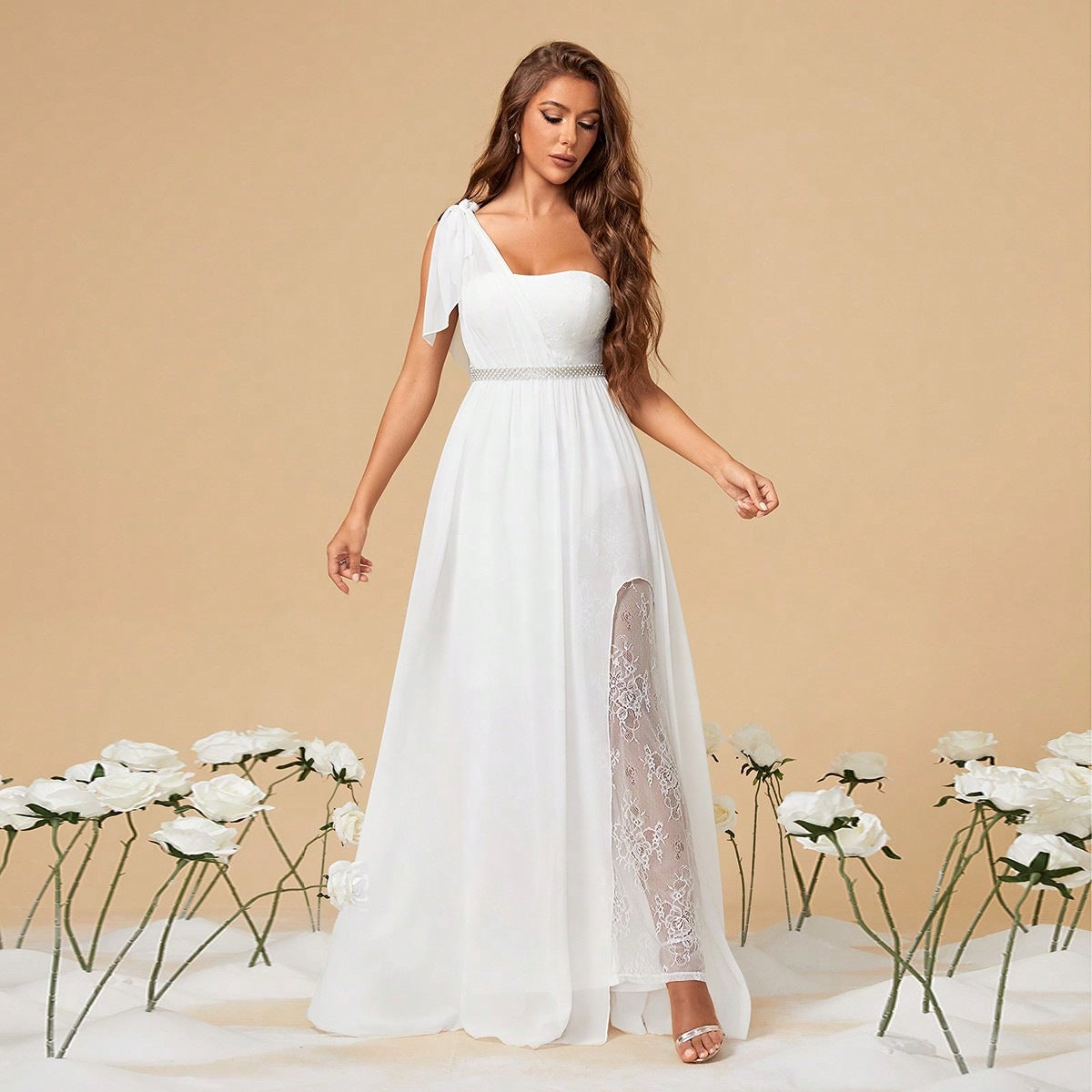 One Shoulder White Evening Gown White