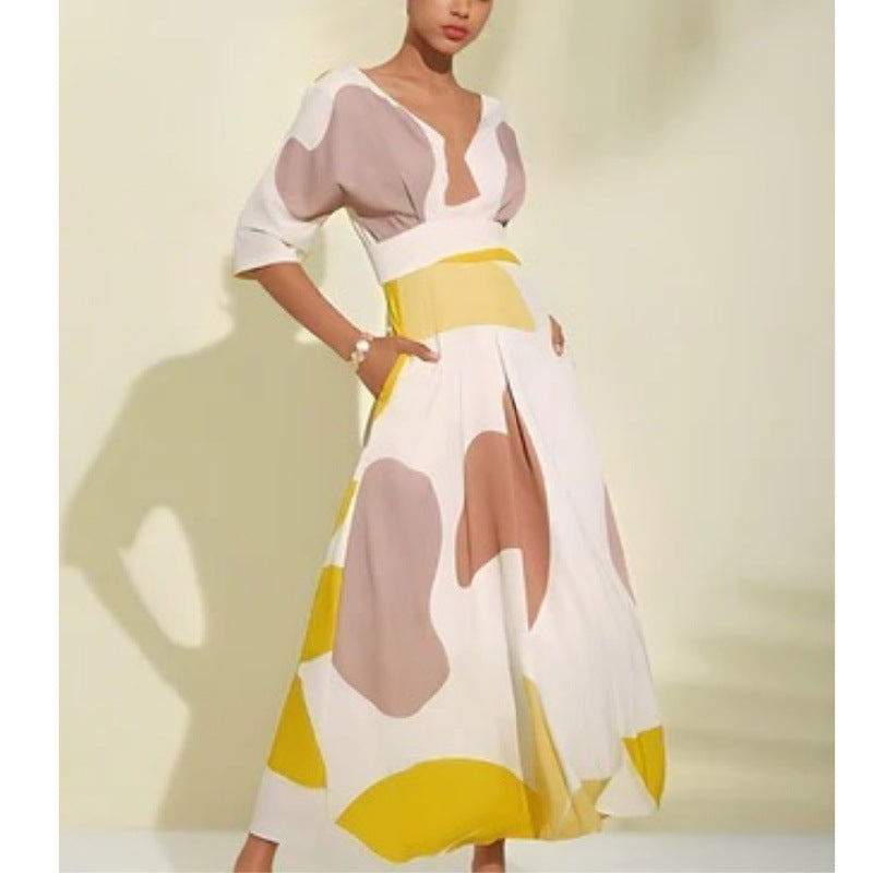 V neck High Waist Floral Dress Multi Pocket