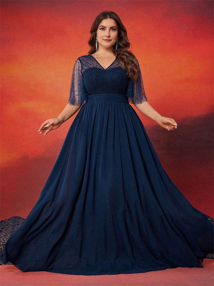 Beaded Lace Chiffon Short Sleeve V Neck Formal Gown Navy Blue
