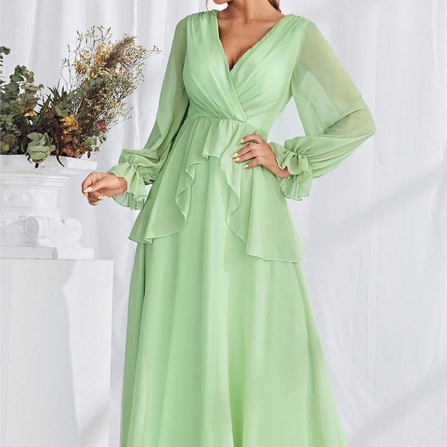 Chiffon V neck Evening Dress Puff Sleeve Ball Bridesmaid Dress Party Light Green