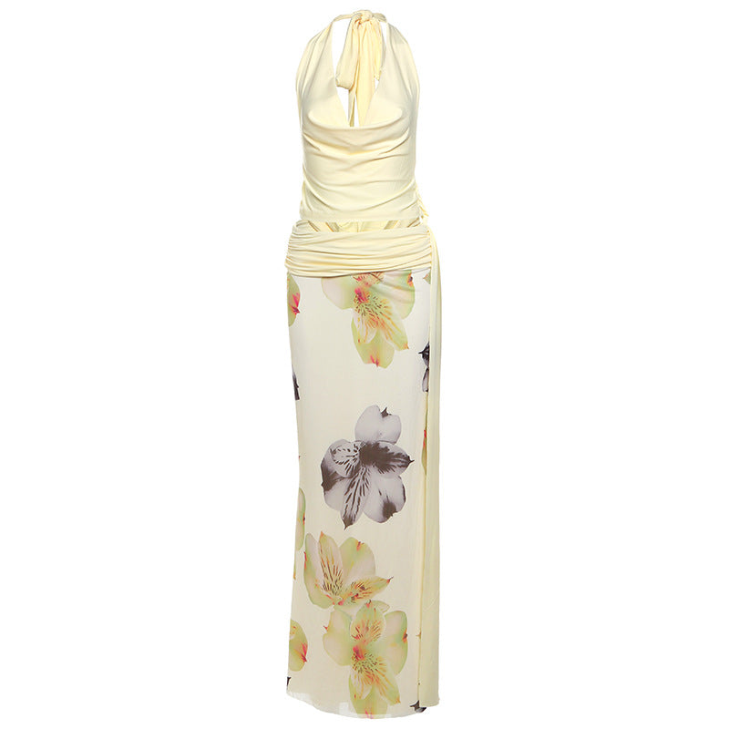 Spring Summer Women Sexy Backless Halter Top Slim Printed Dress Three Piece Sets Women Apricot