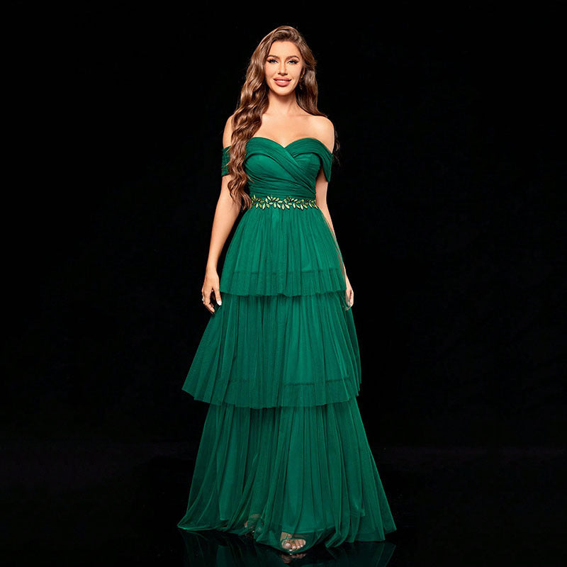 Off Shoulder Layered Ball Gown blackish green