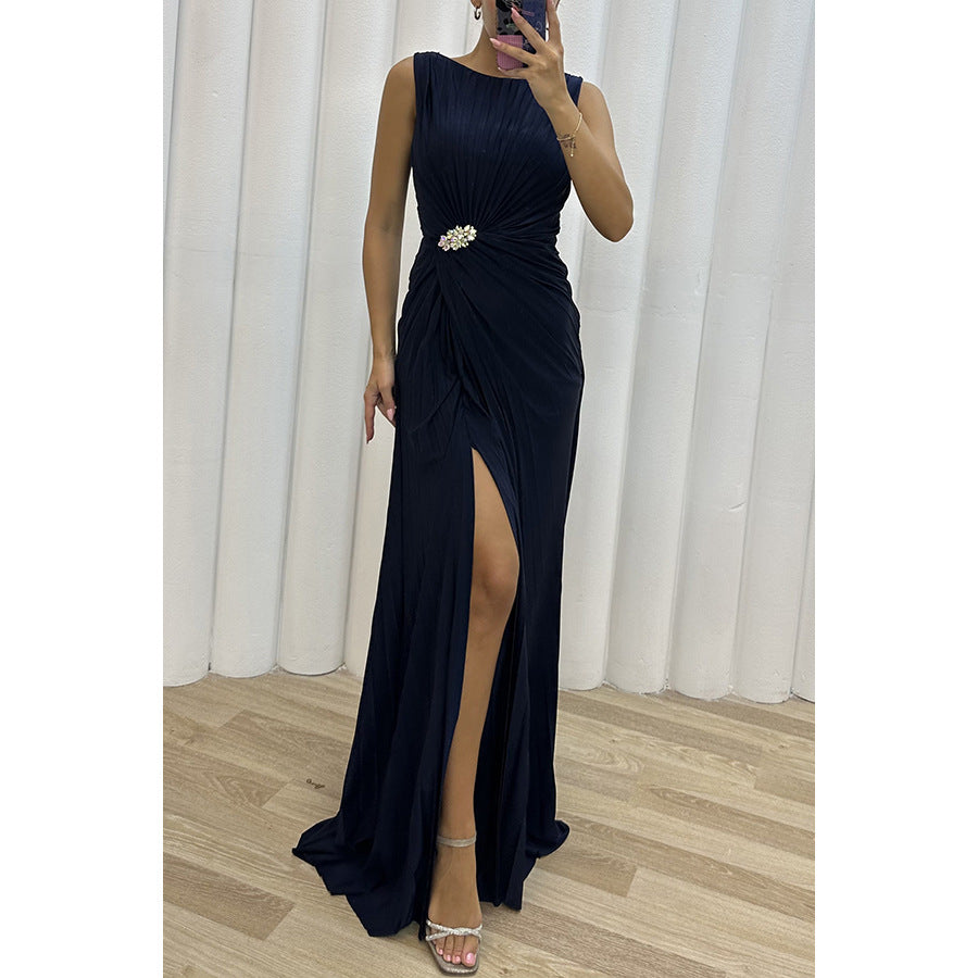 Pleated Split Evening Dress Women Navy Blue