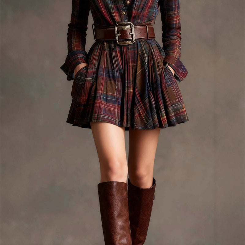 Sofia Amoretti Plaid Mini Shirt Dress with Long Sleeves