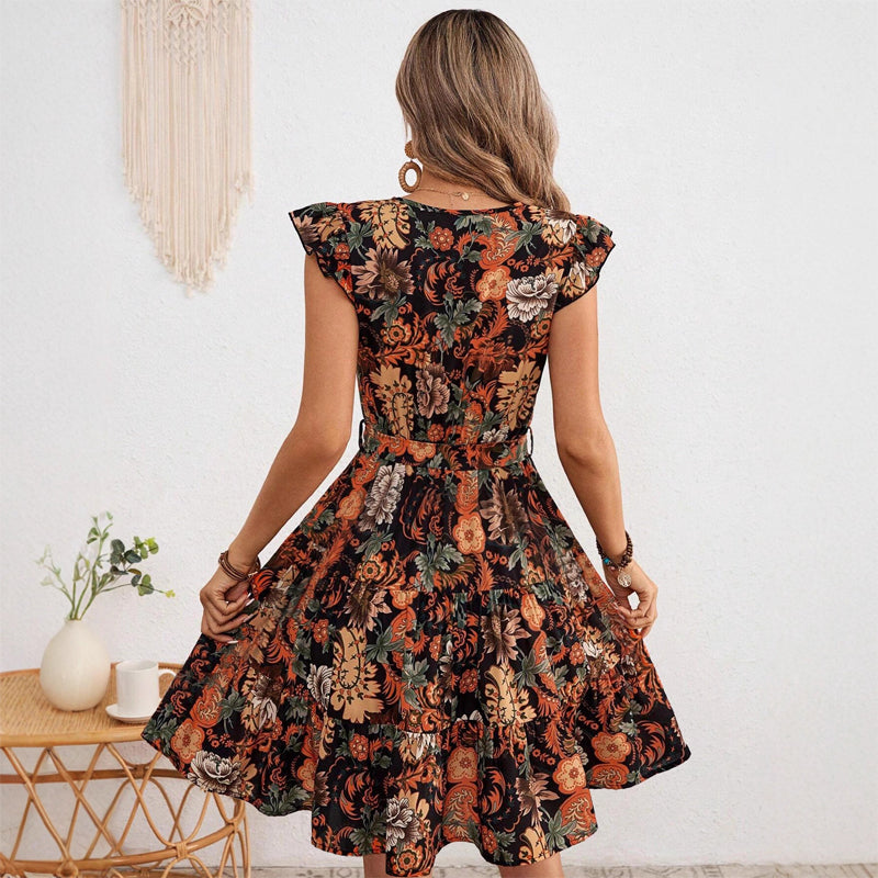 Sofia Amoretti Floral Midi Dress with Waist Tie