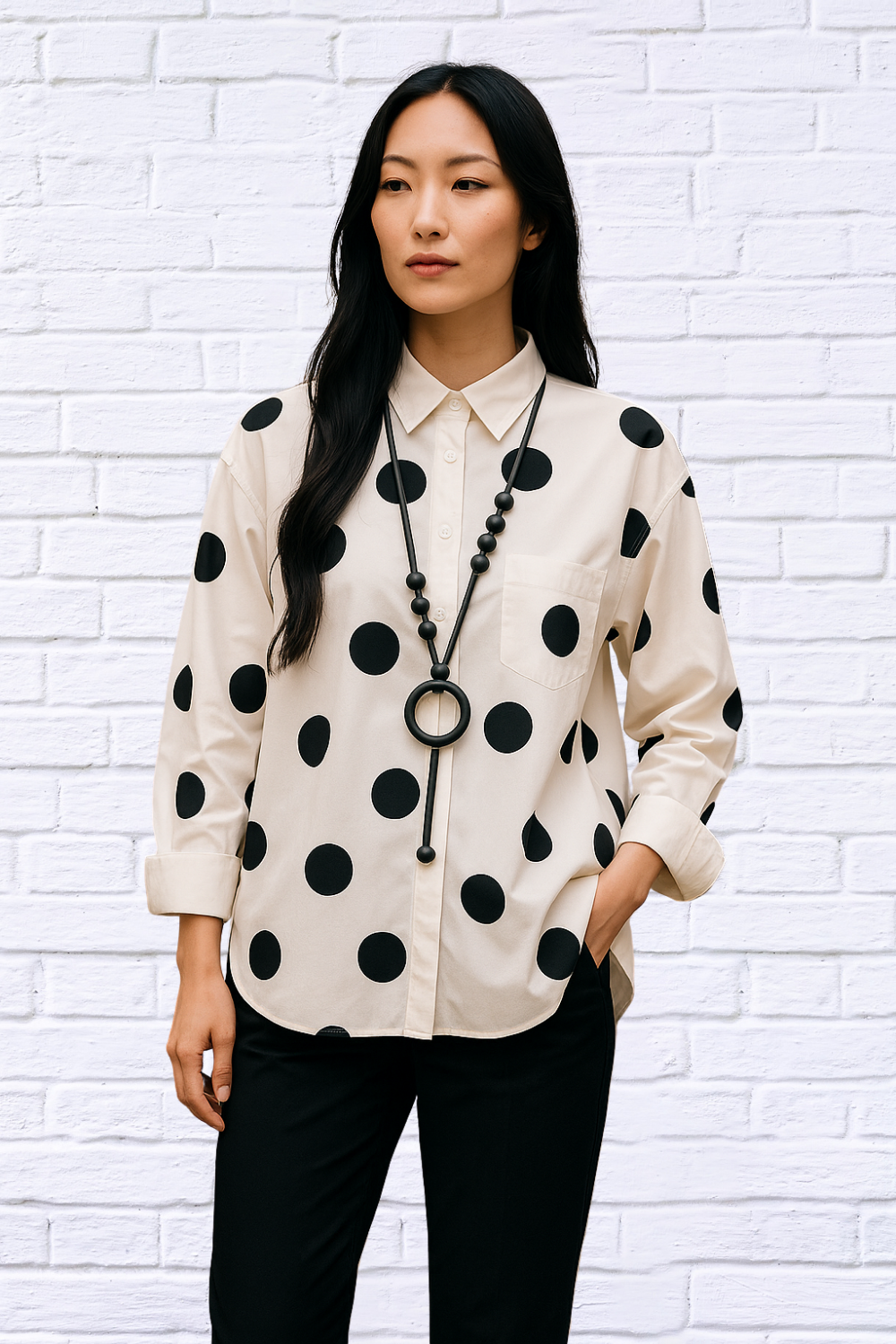 Classic Black & White Polka Dot High-Low Shirt