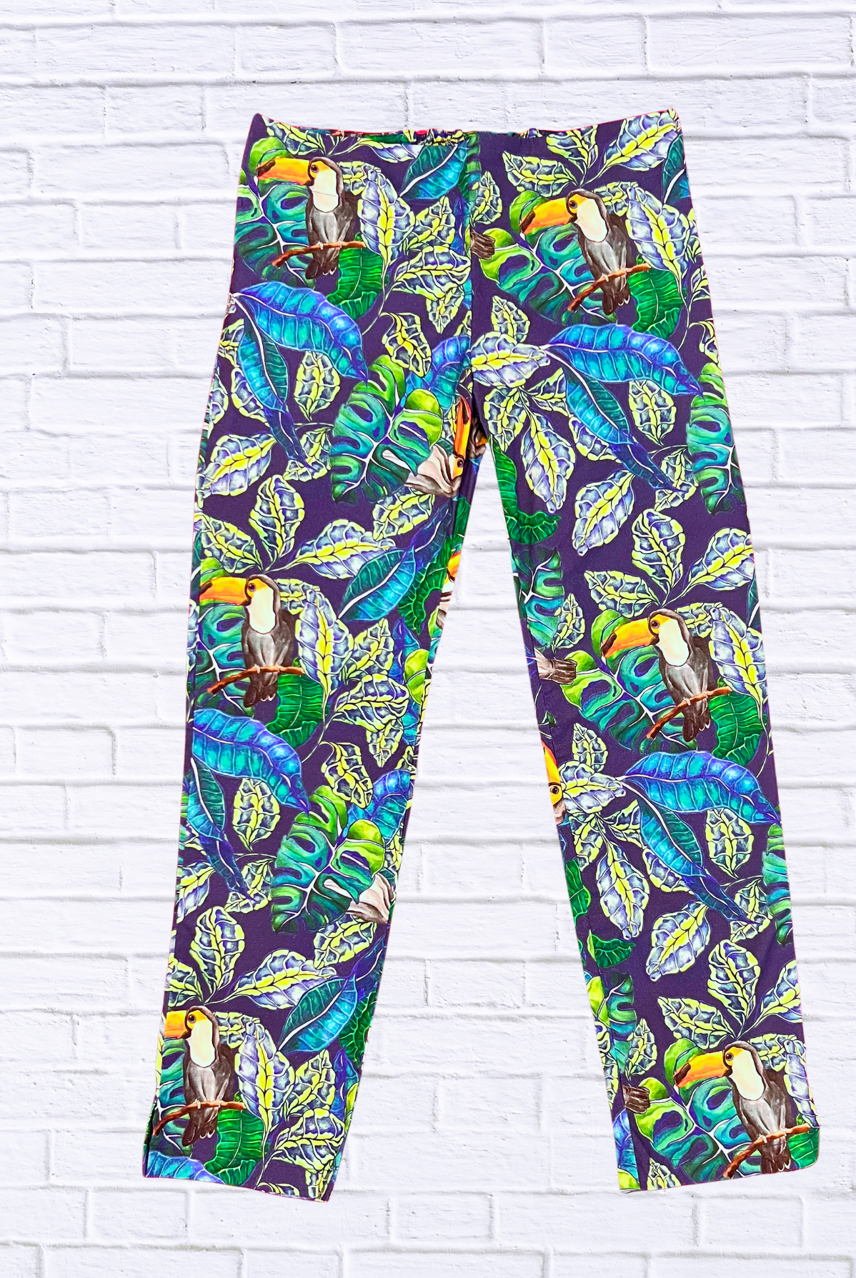Tropical Toucan Print Slim Ankle Straight Leg Cotton Sateen Pants