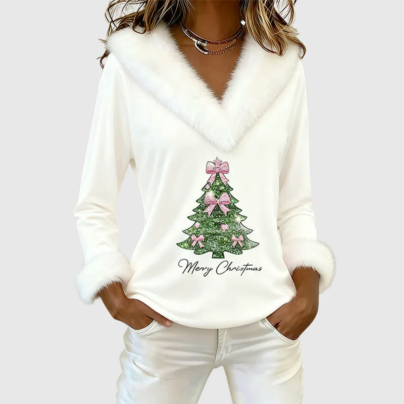 Women’s Christmas V-Neck Top with Fur Trim