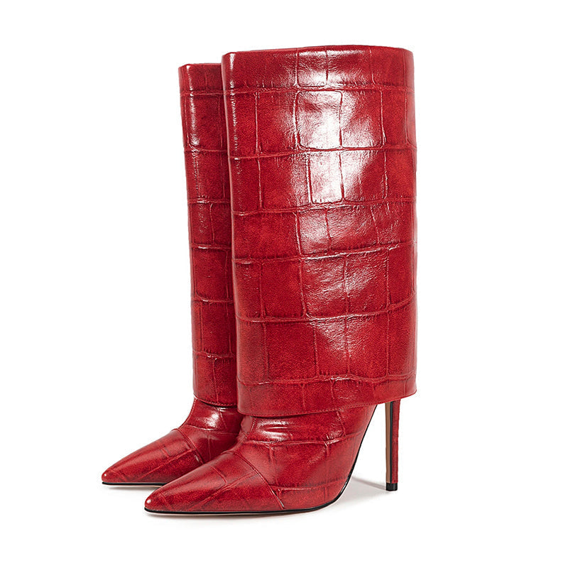 Women’s Mid-Calf Stiletto Boots with Croc Print