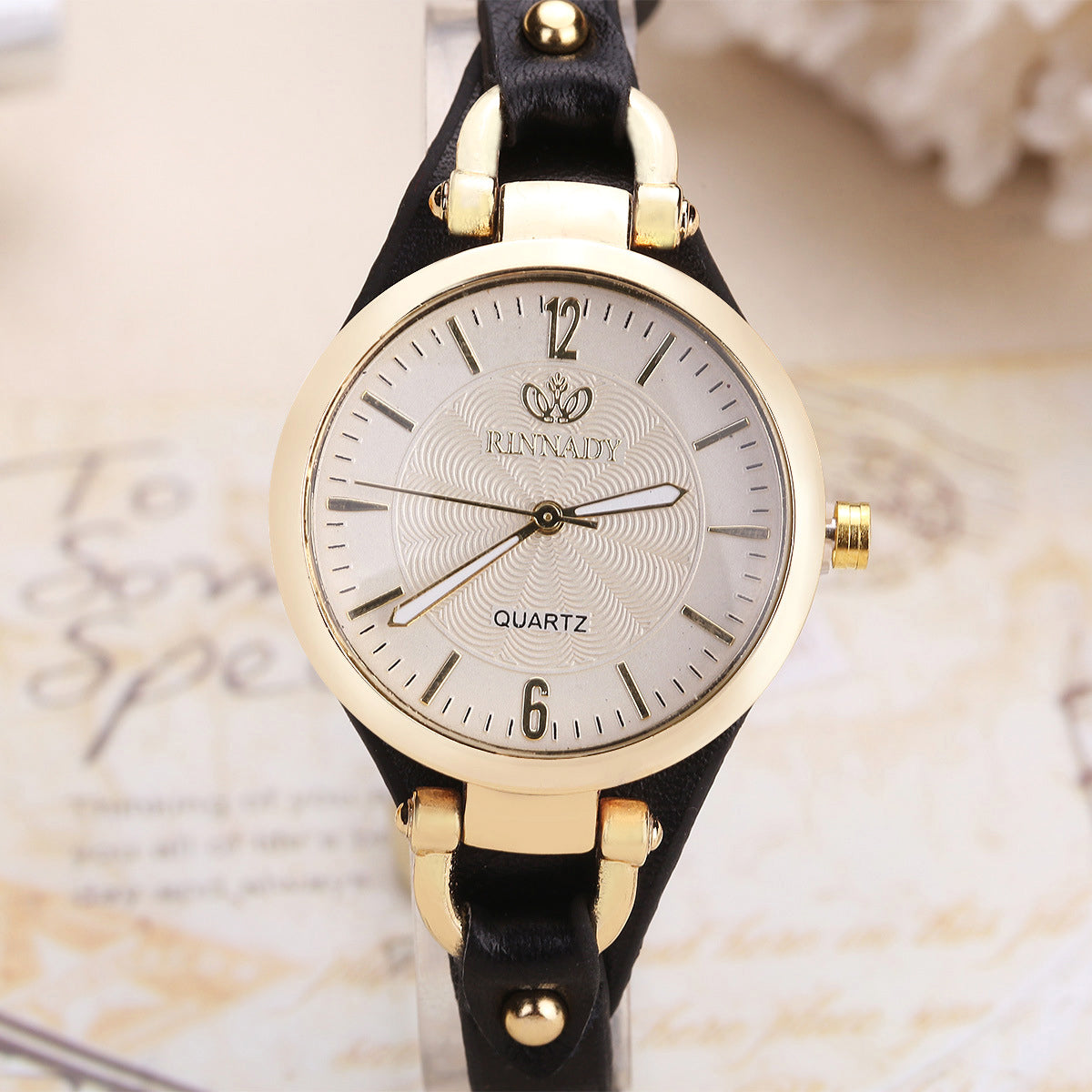 Women's Quartz Wristwatch with Gold-Tone Bezel