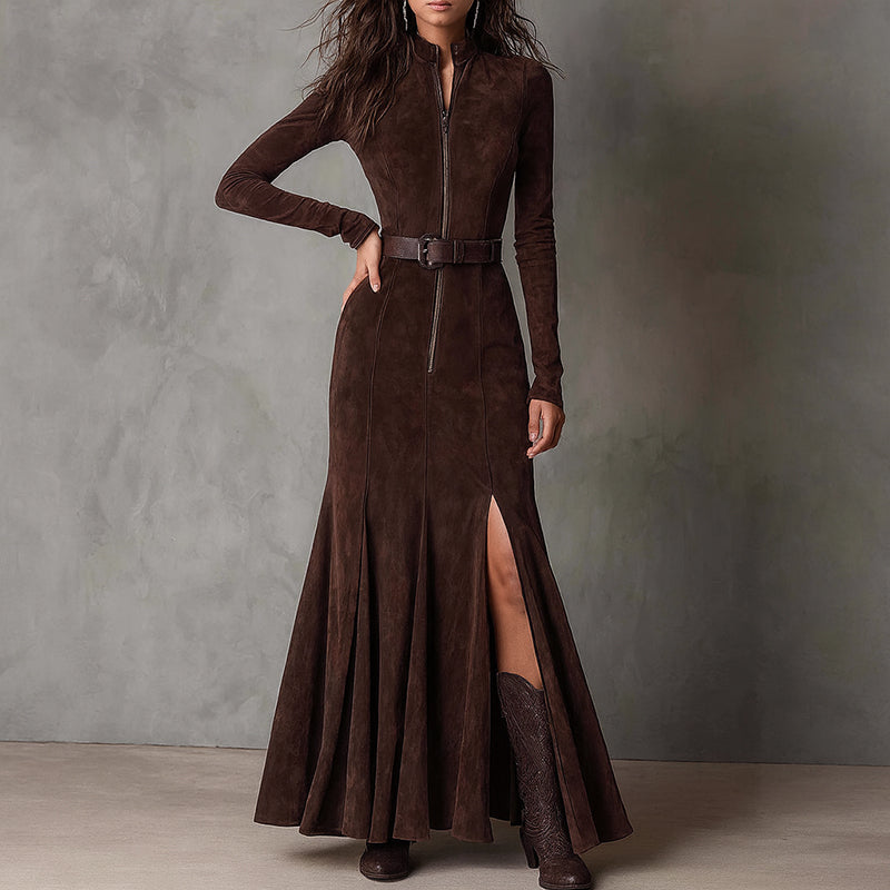 Women’s Winter Long-Sleeve Maxi Dress with Front Slit