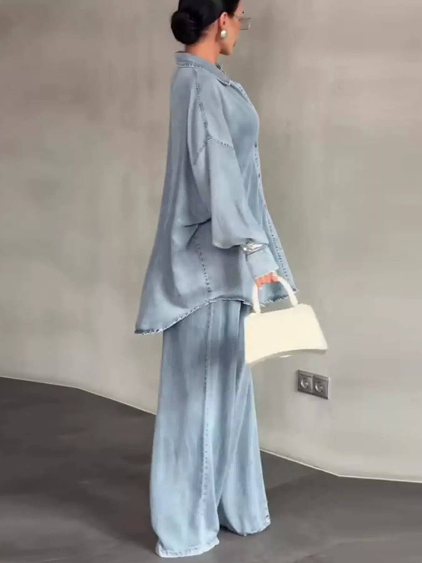 Wash Button Up Shirt and Wide-Leg Pants Denim Set