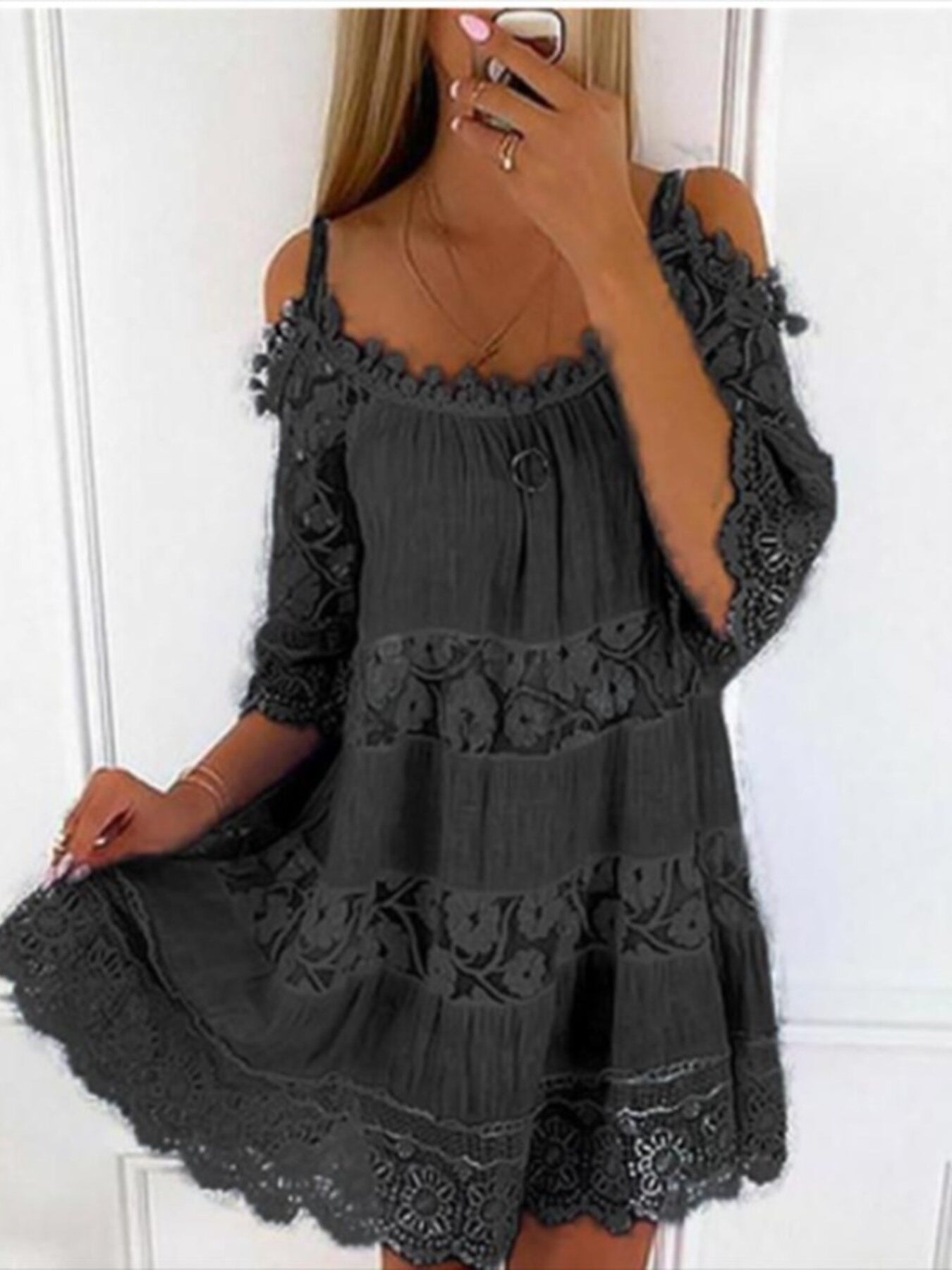 Full Size Bohemian Lace Cold Shoulder Mini Dress Plus Size