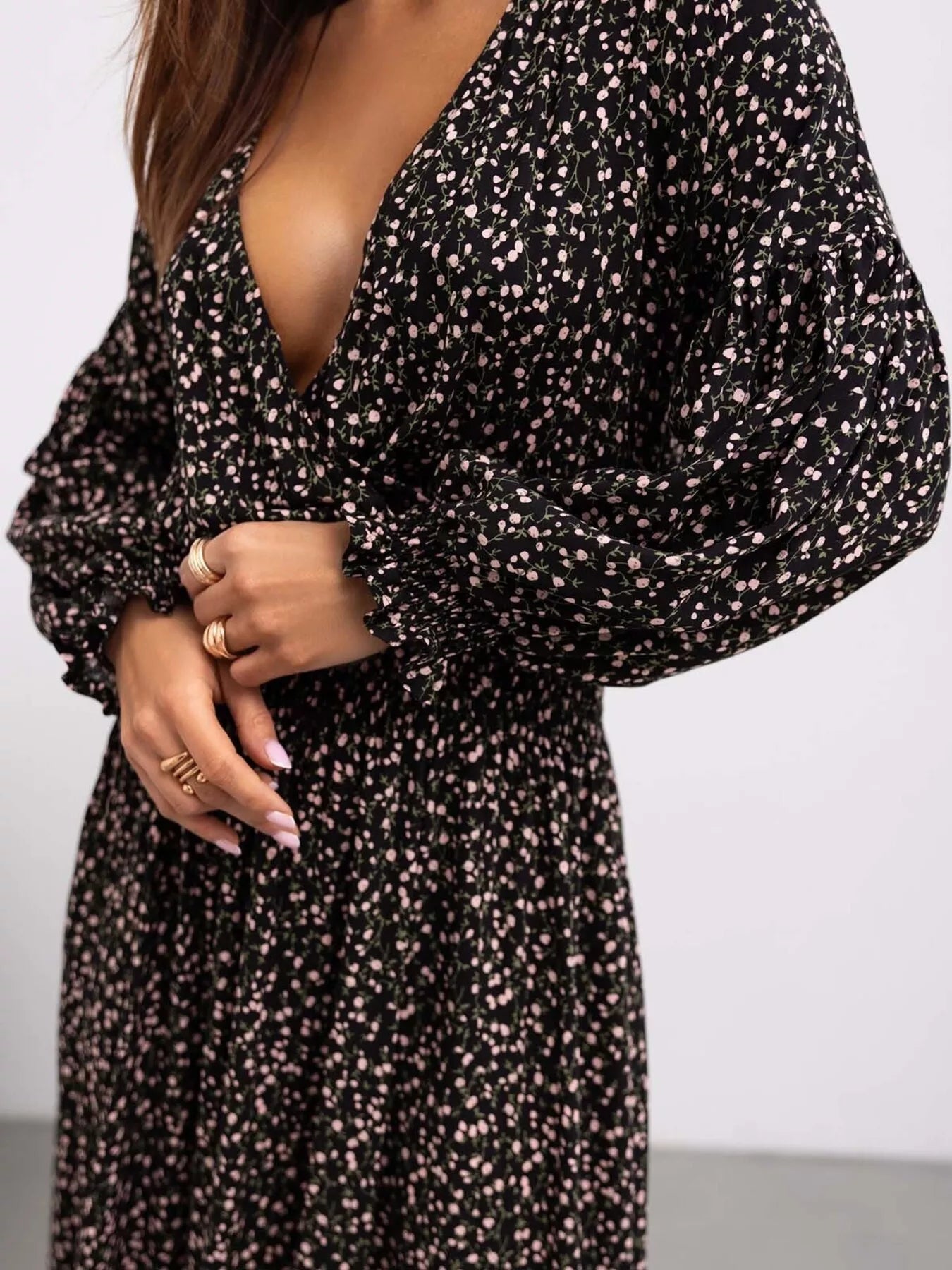 Bohemian Printed Maxi Dress with Plunging Neckline