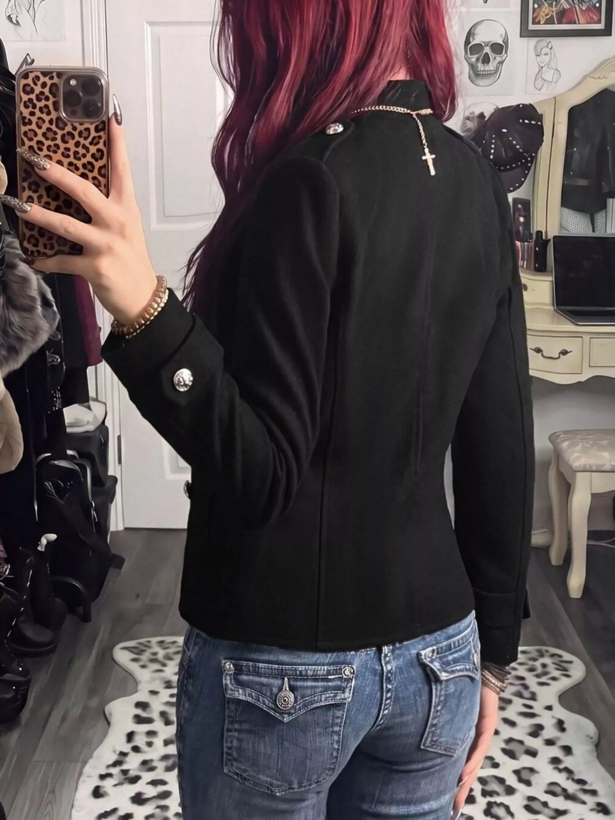 Decorative Button Zip Up Outerwear