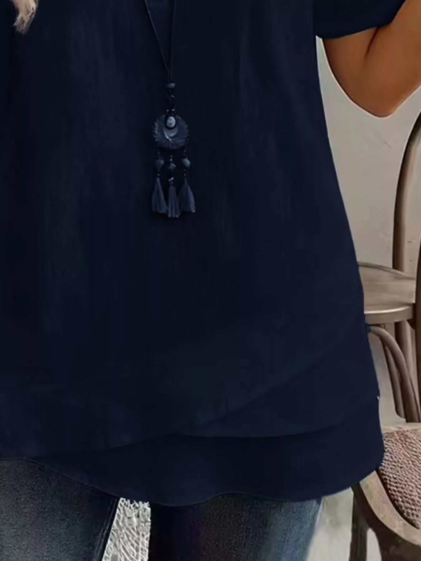Notched Short Sleeve Blouse