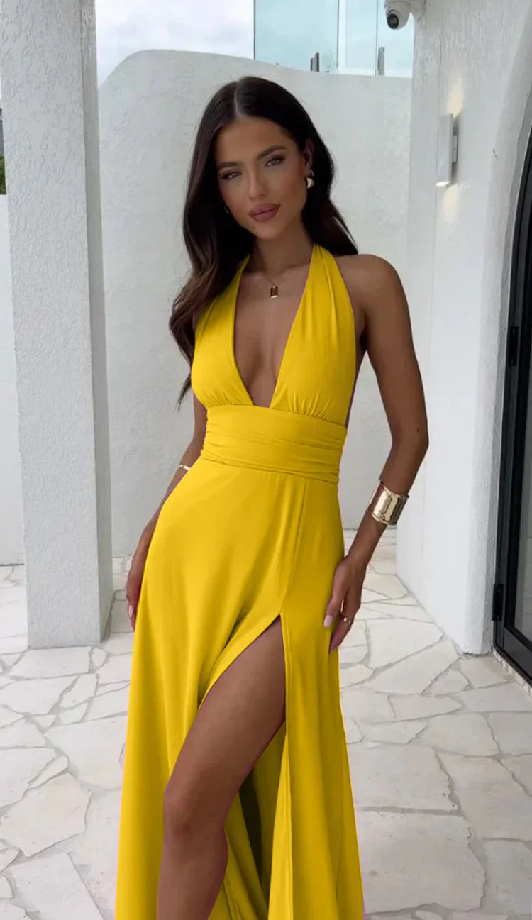 Sexy V-neck Backless Waist Tie High Slit Maxi Dress