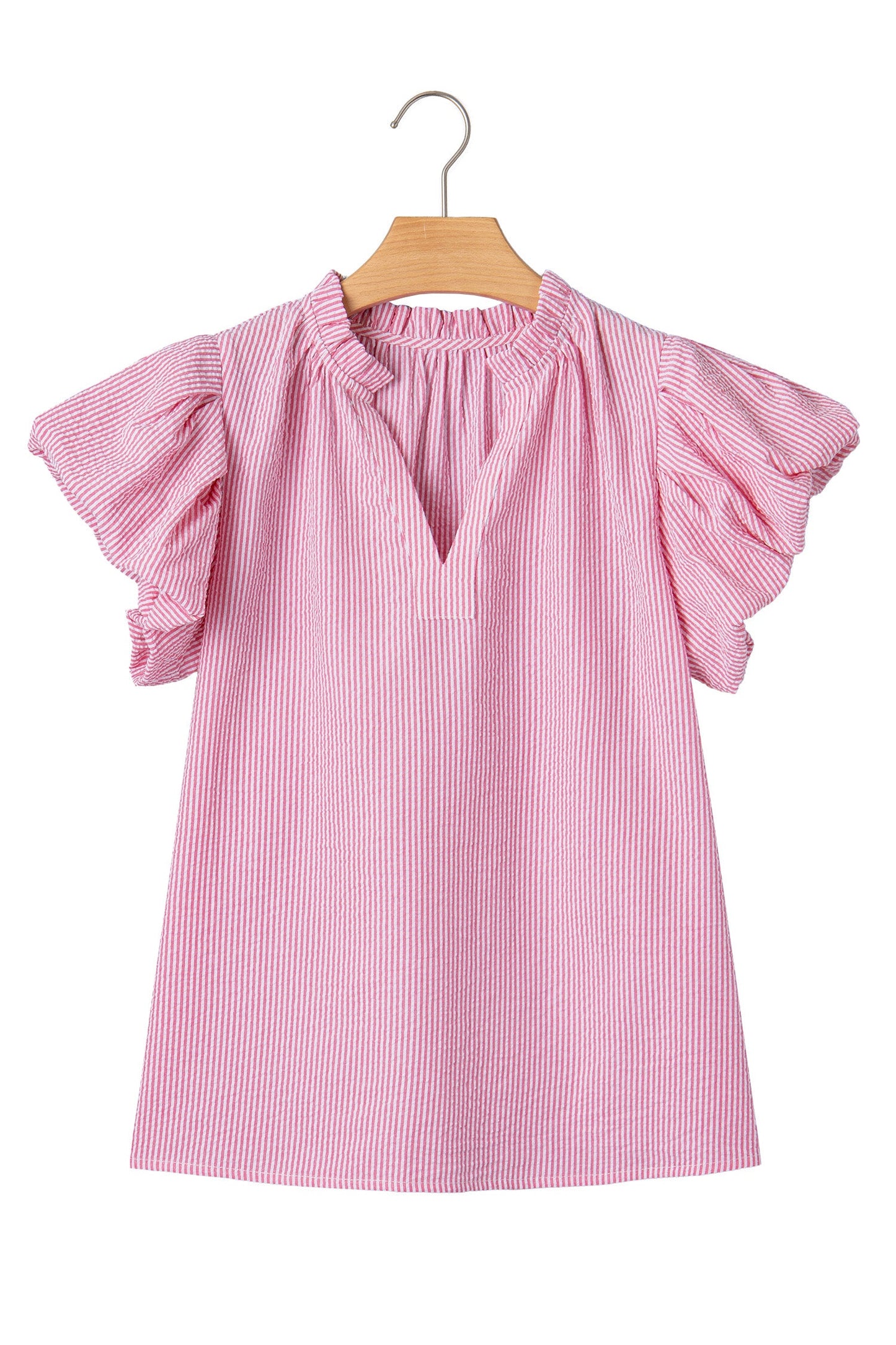 Rose Stripe Short Bubble Sleeve Split V Neck Blouse