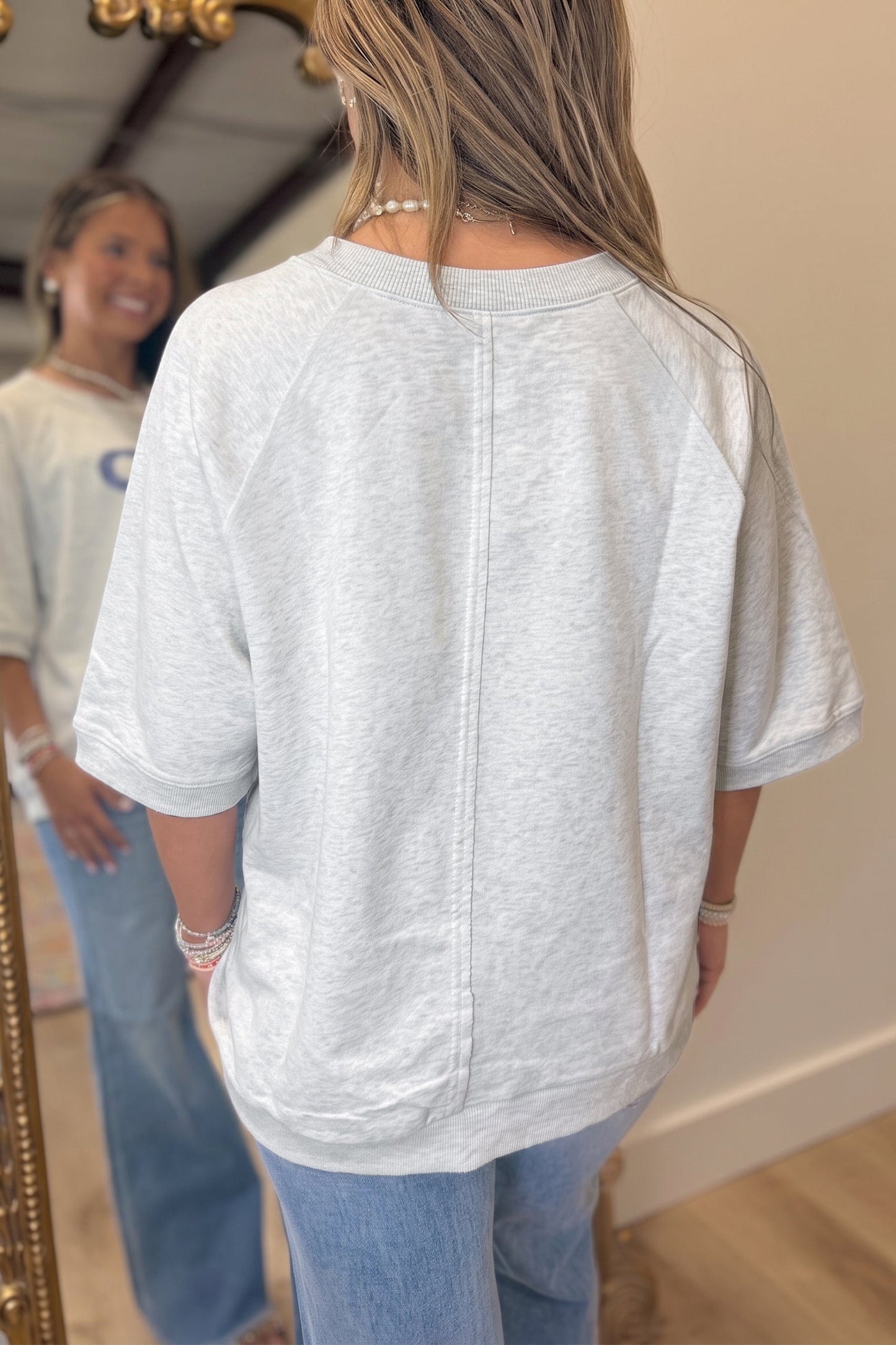 Light Grey GOD IS GOOD Patchwork Applique Relaxed 3/4 Sleeve Tunic Top