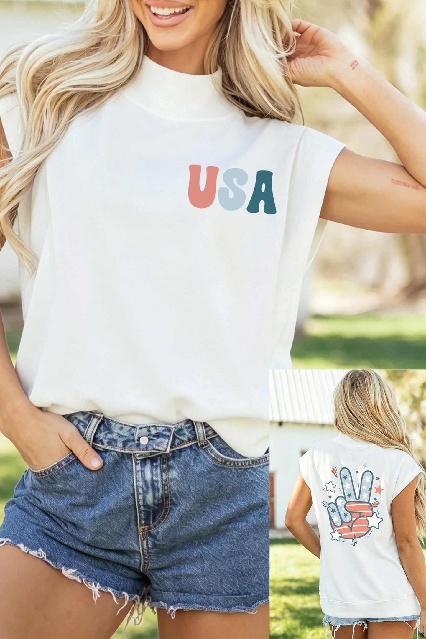 White USA/ Patriotic Victory Double Side Printed Mock Neck Tee