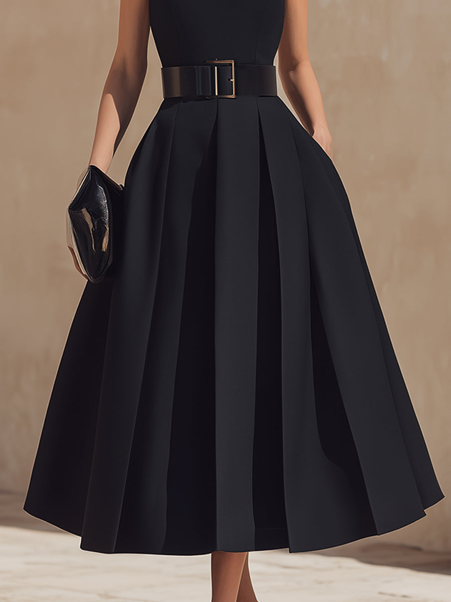 Belted High-Neck Pleated Midi Dress