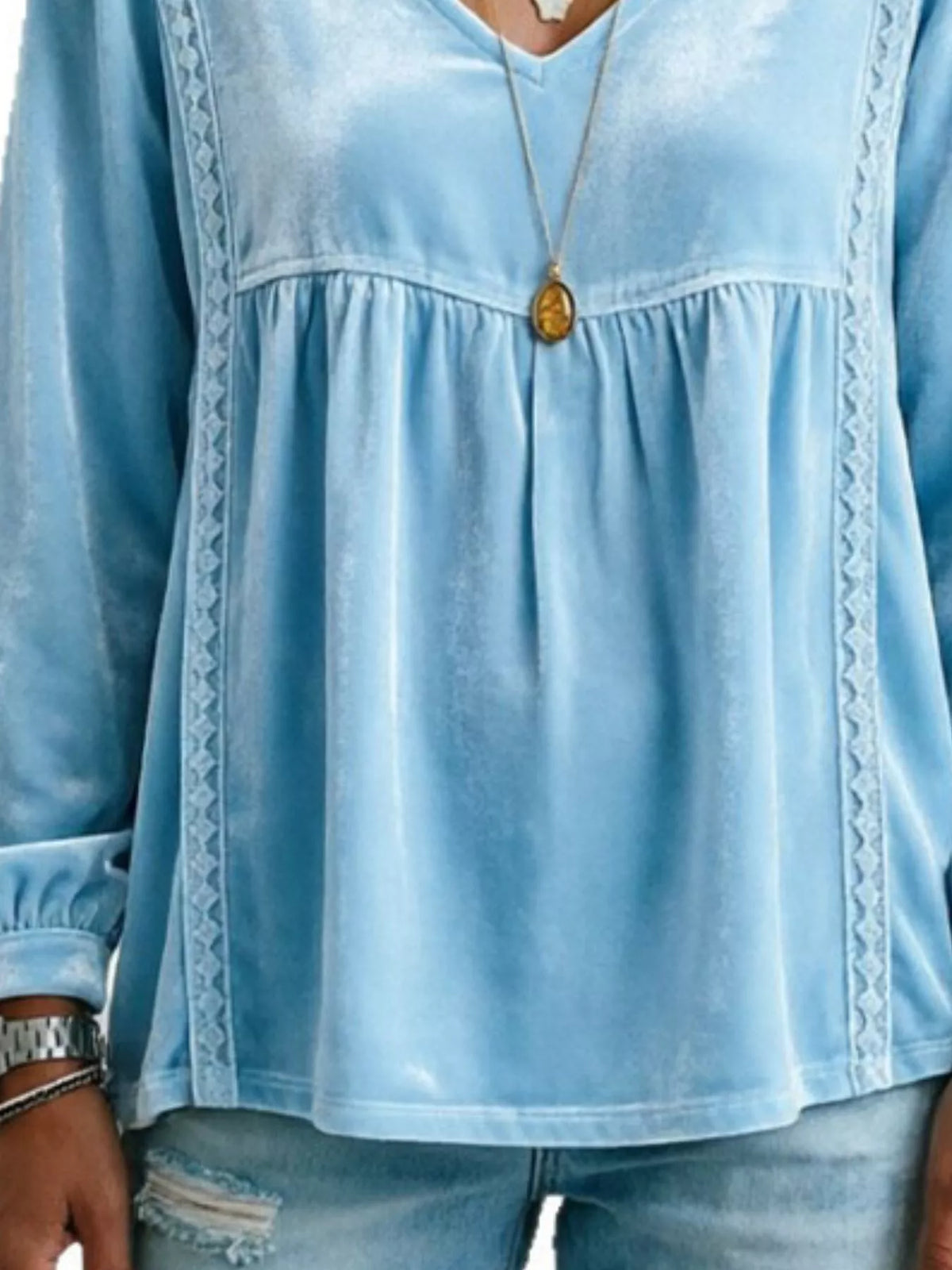 Full Size V-Neck Long Sleeve Velvet Blouse with Lace Trim Plus Size