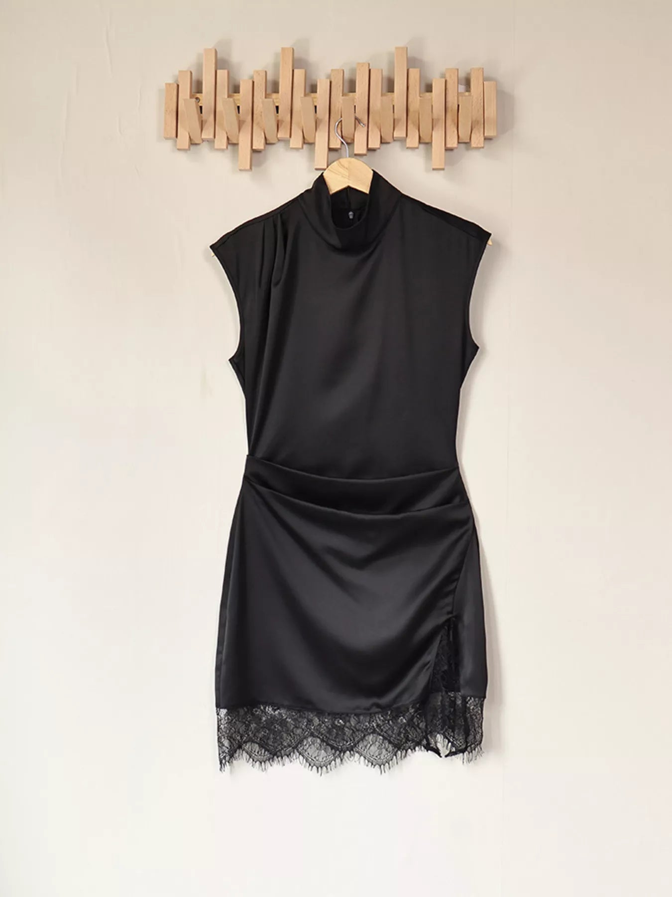 Satin Mock Neck Sleeveless Mini Dress with Lace Hem