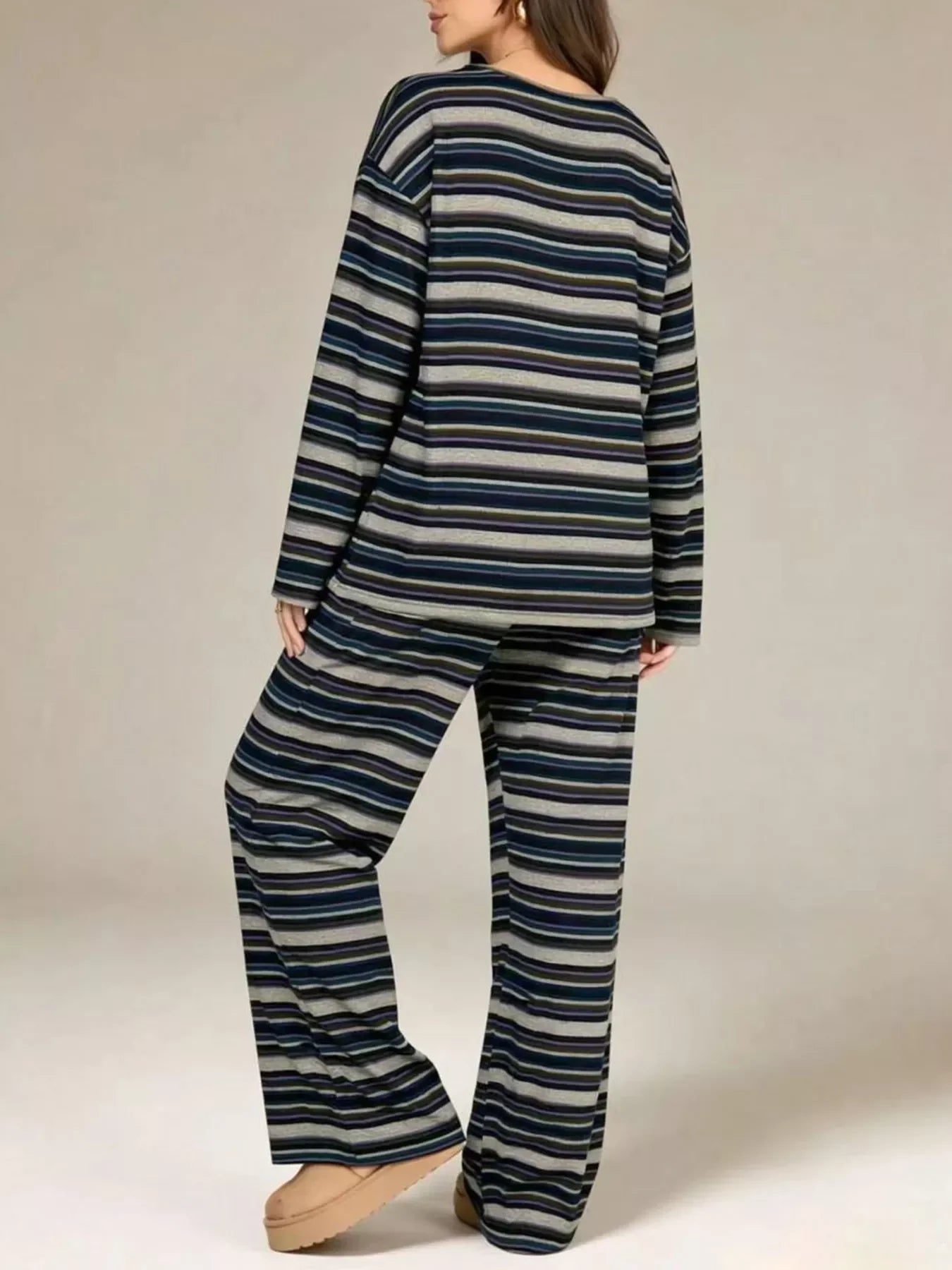 Striped Long-Sleeve Top and Wide-Leg Pants Set