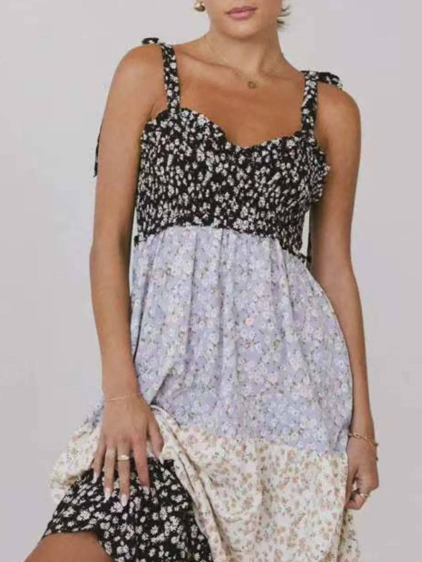 Smocked Tie Shoulder Printed Maxi Dress