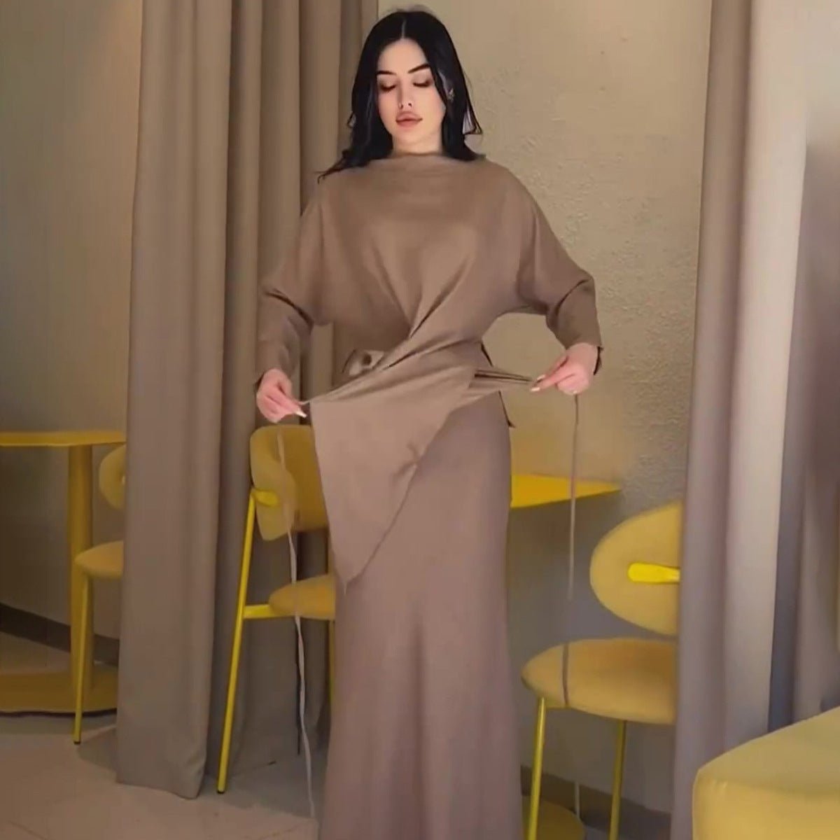 Elegant Long Sleeve Taupe Satin Cross-Lace Waist Skirt Two-Piece Abaya Outfit