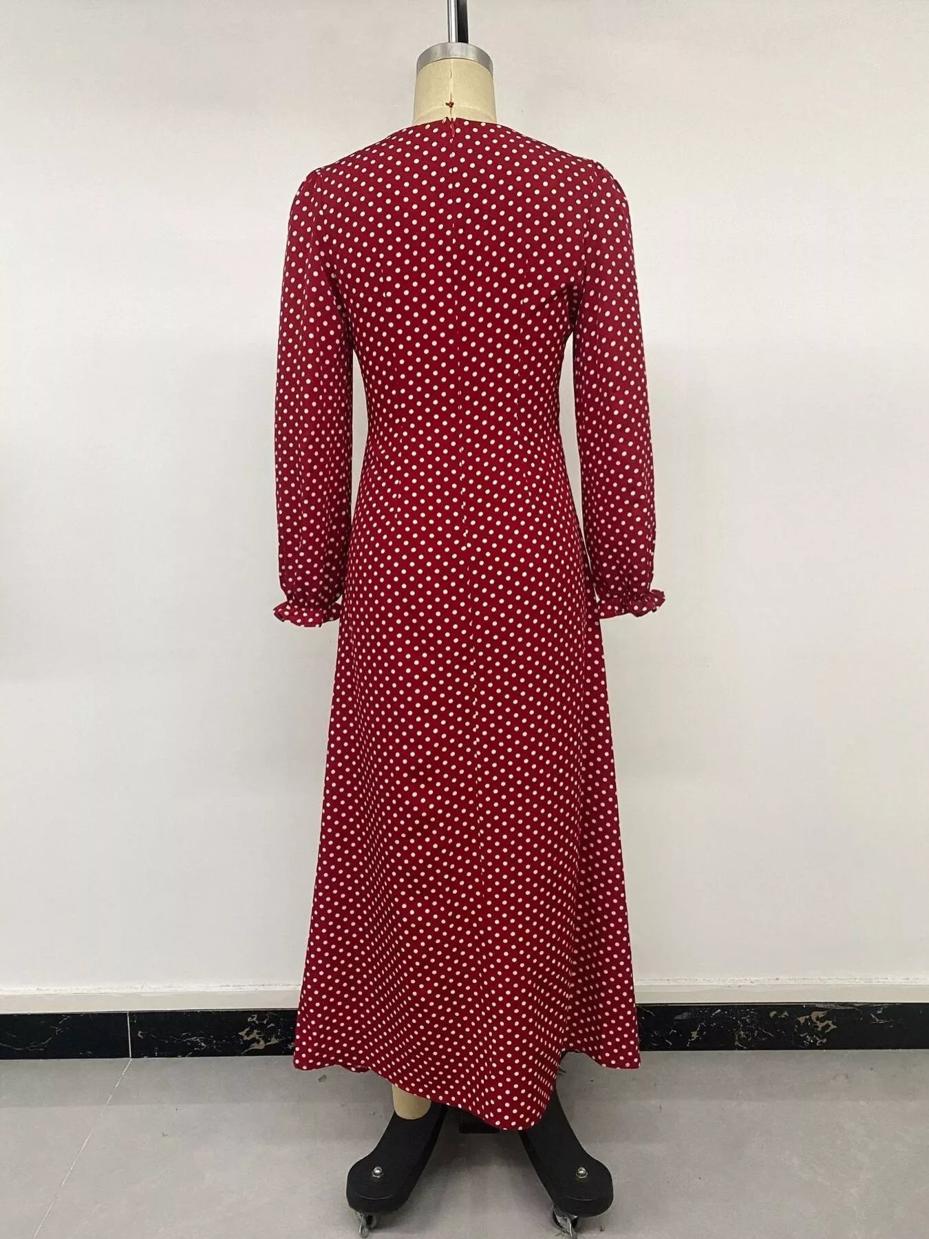 Square Neck Polka Dot Long Sleeve Maxi Dress
