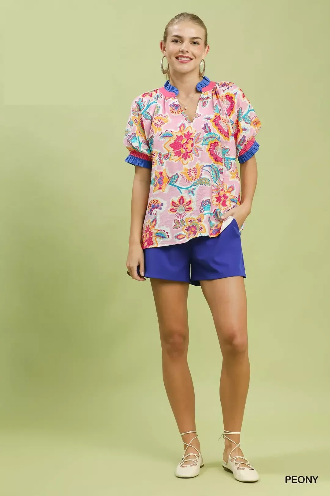 Umgee Floral Print Ruffled Short Sleeve Top